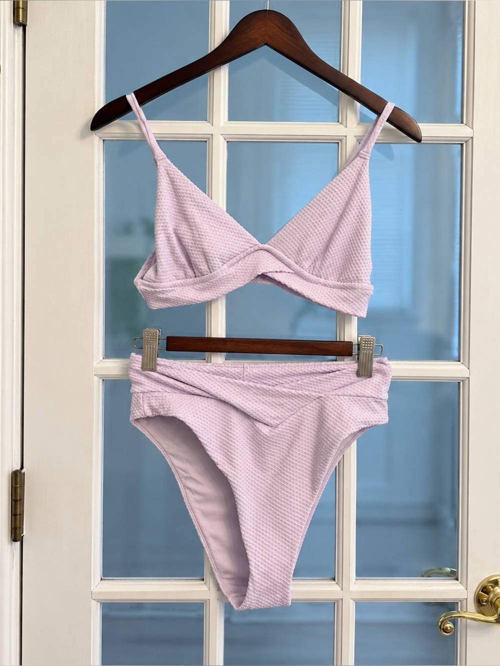 AERIE Women’s Lilac Textured Twist Front Bikini 2 Piece Swimsuit Set L NWT
